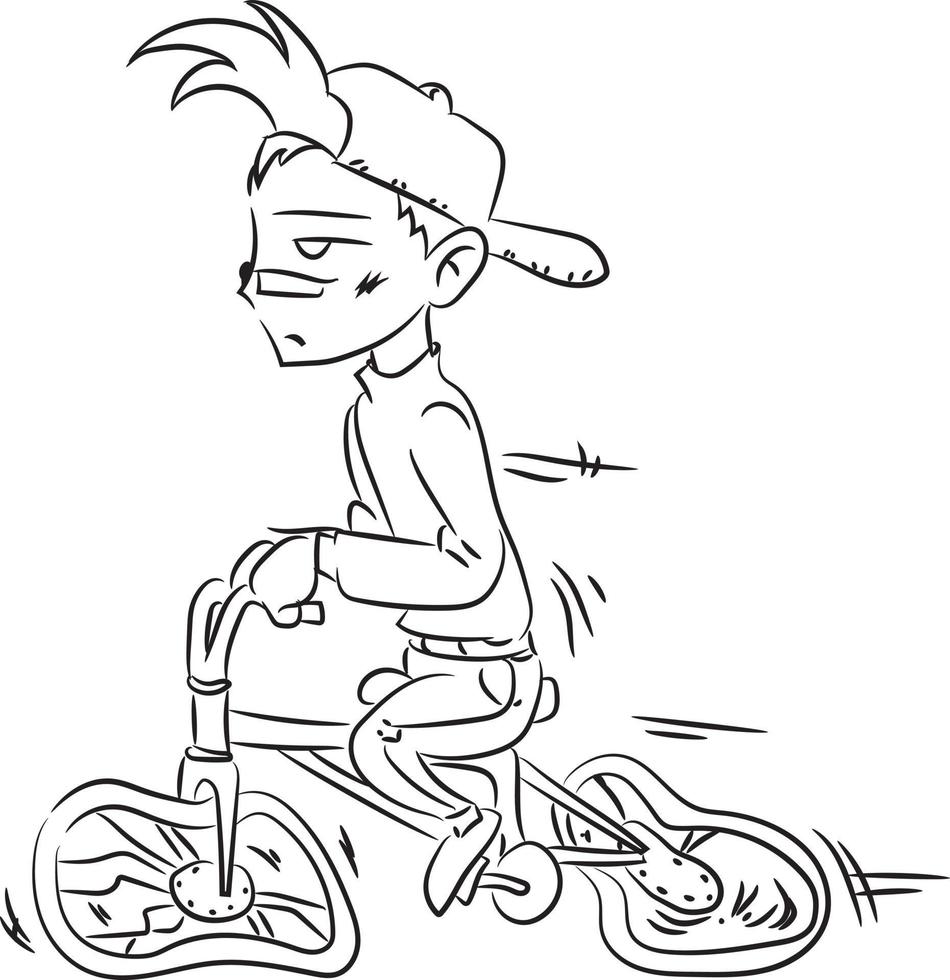 en liten pojke som använder en trasig cykel med ett platt uttryck. kontur vektorillustrationer. svarta linjer isolerade på vitt. vektor