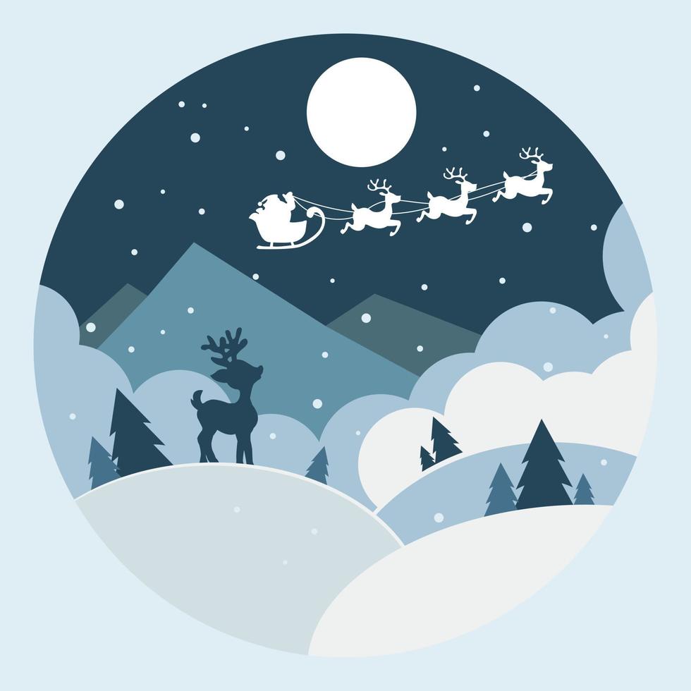 Der kleine Hirsch sieht den Weihnachtsmann auf einem großen Vollmond in einem Kiefernwald im Winter auf einem Schlitten fliegen. Silhouette-Vektor-Illustration. vektor