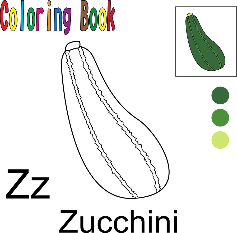 Cartoon-Zucchini. Malbuch mit einem Obstthema. Vektor-Illustration-Grafik. gut für Kinder zum Lernen und Ausmalen. vektor