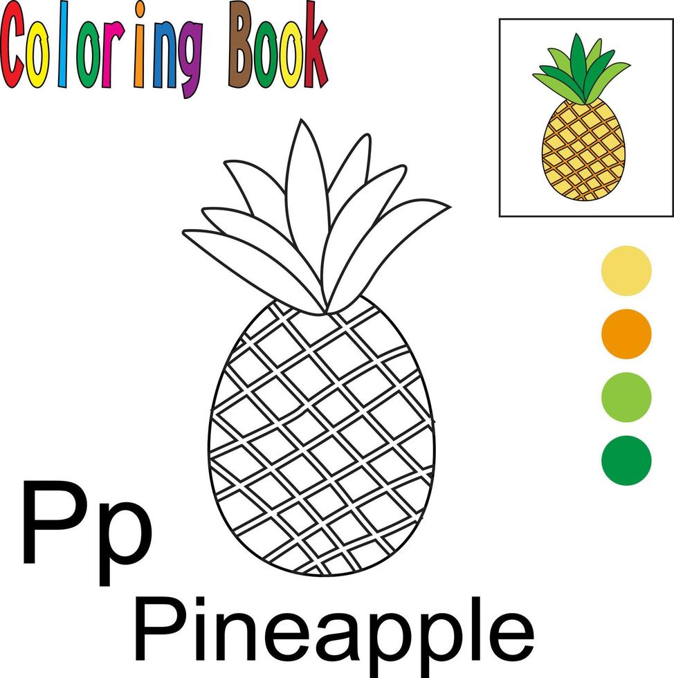 tecknad ananas. målarbok med frukttema. vektor illustration grafik. bra för barn att lära sig och färglägga.