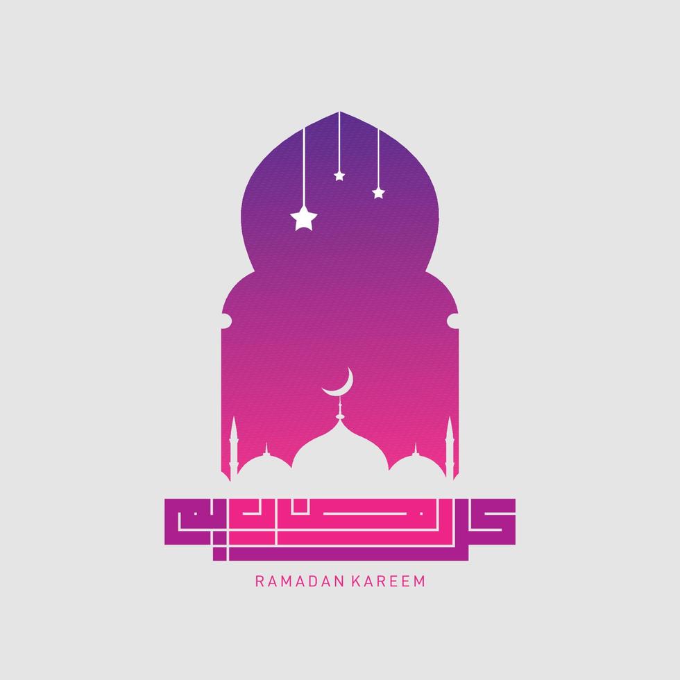 ramadan kareem typografisk. ramadhan fest gratulationskort vektor illustration. bokstäver sammansättning av muslimska heliga månaden med moskébyggnad