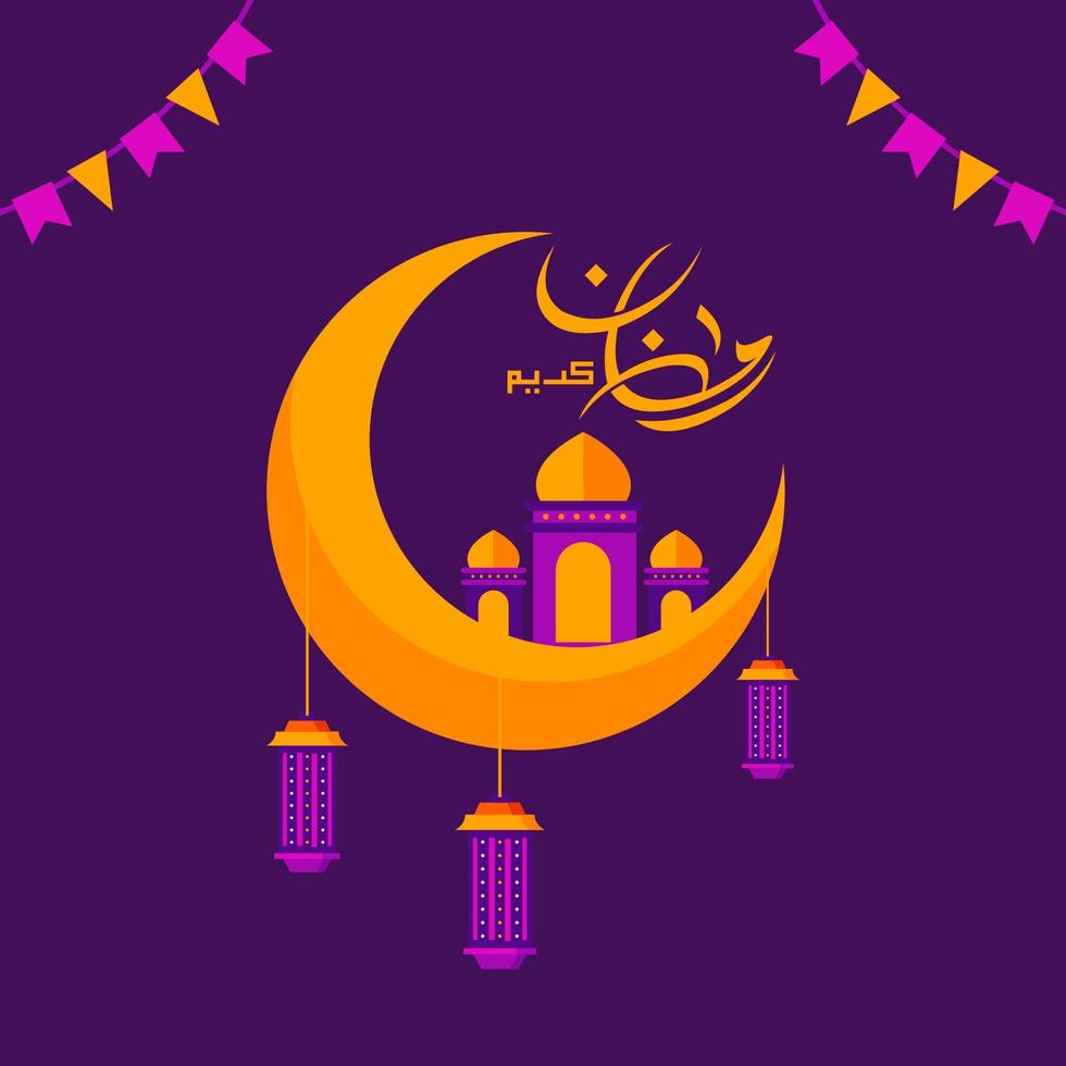 vacker vektorillustration ramadan kareem den heliga månaden muslimska högtiden gratulationskort med lykta, halvmåne, moské och arabisk kalligrafi. platt målsida stil vektor. vektor