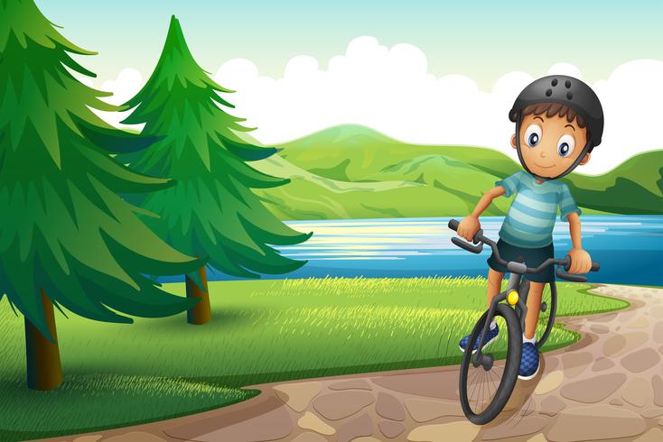 En pojke cyklar nära tallarna vid floderna vektor