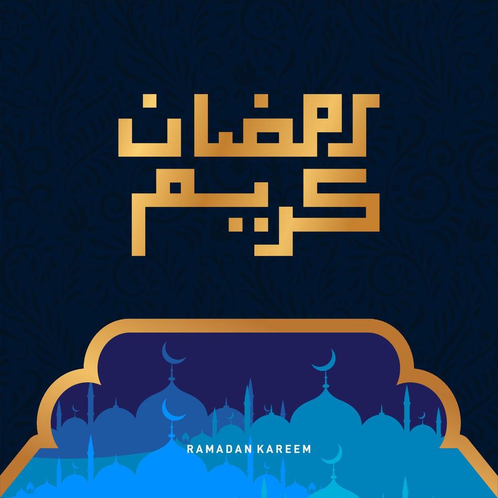 ramadan kareem typografisk. ramadhan fest gratulationskort vektorillustration. bokstäver sammansättning av muslimska heliga månaden med moskébyggnad vektor