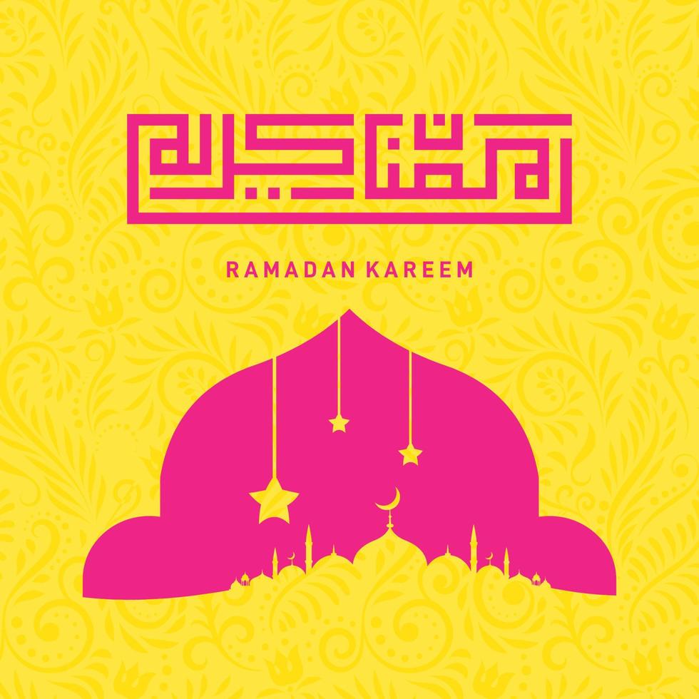 ramadan kareem typografisk. ramadhan fest gratulationskort vektorillustration. bokstäver sammansättning av muslimska heliga månaden med moskébyggnad vektor