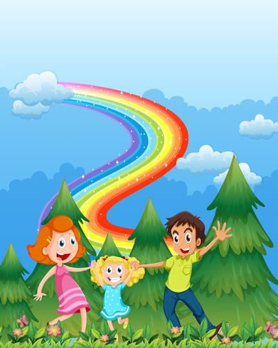 Eine glückliche Familie nahe den Kiefern mit einem Regenbogen im Himmel vektor