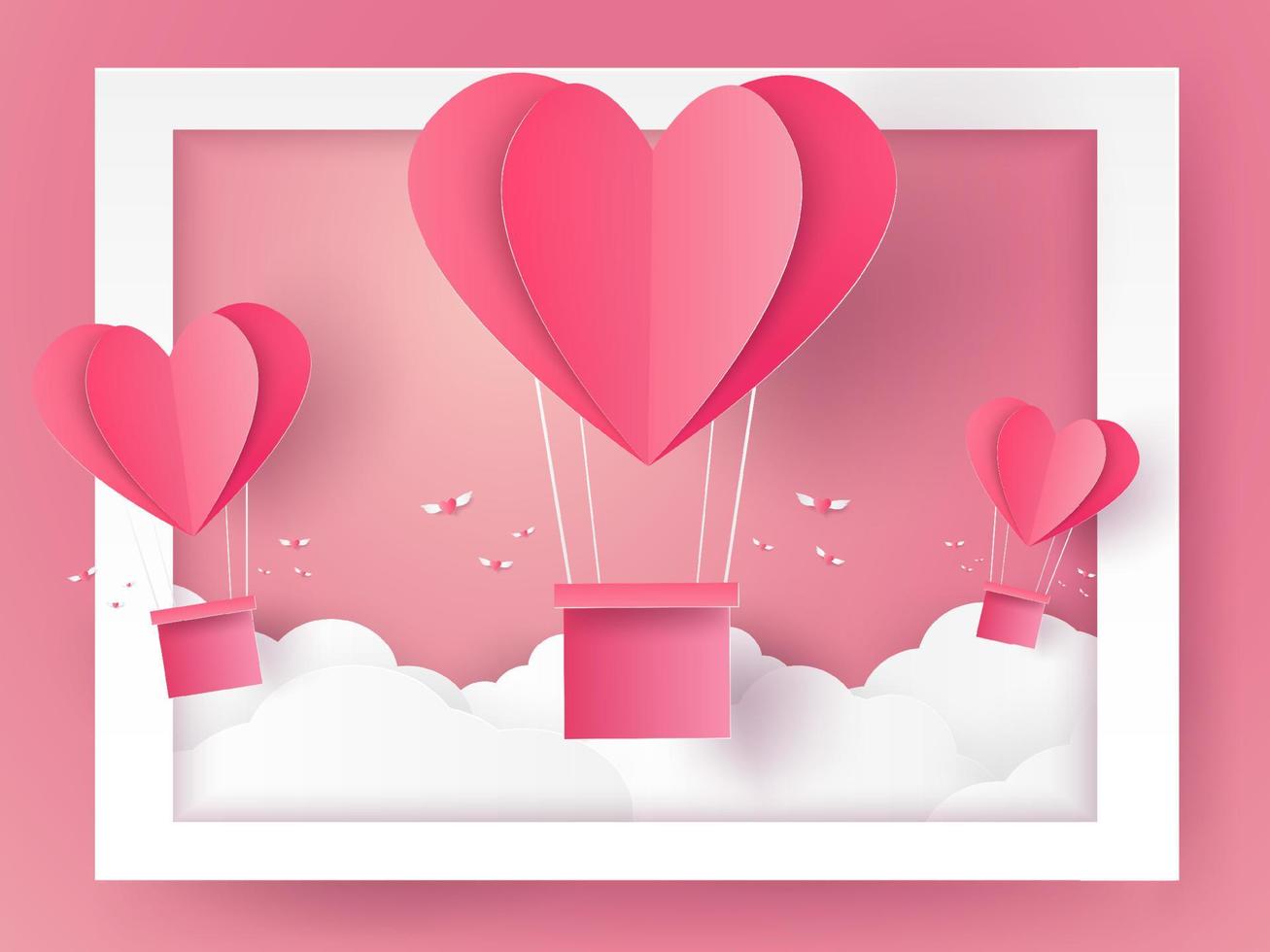 valentinstagillustration der liebe, heißluftballons in herzform, die aus dem rahmen fliegen, papierkunststil vektor