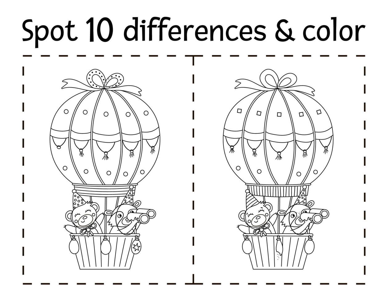 Geburtstagsfeier Unterschiede finden und Farbspiel für Kinder. Jubiläums-Schwarz-Weiß-Bildungsaktivität mit lustig fliegendem Heißluftballon. druckbares arbeitsblatt mit lächelndem charakter. vektor