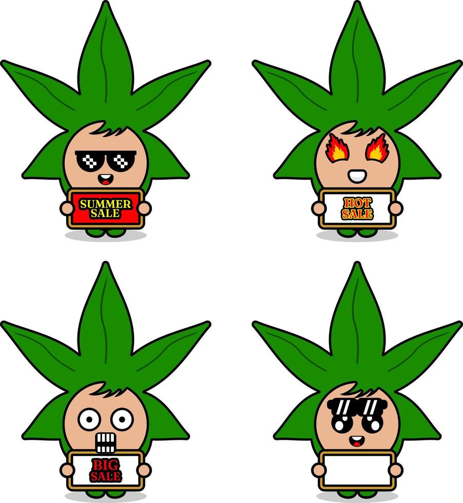 söt seriefigur vektor cannabis blad maskot kostym set sommar försäljning bunt samling