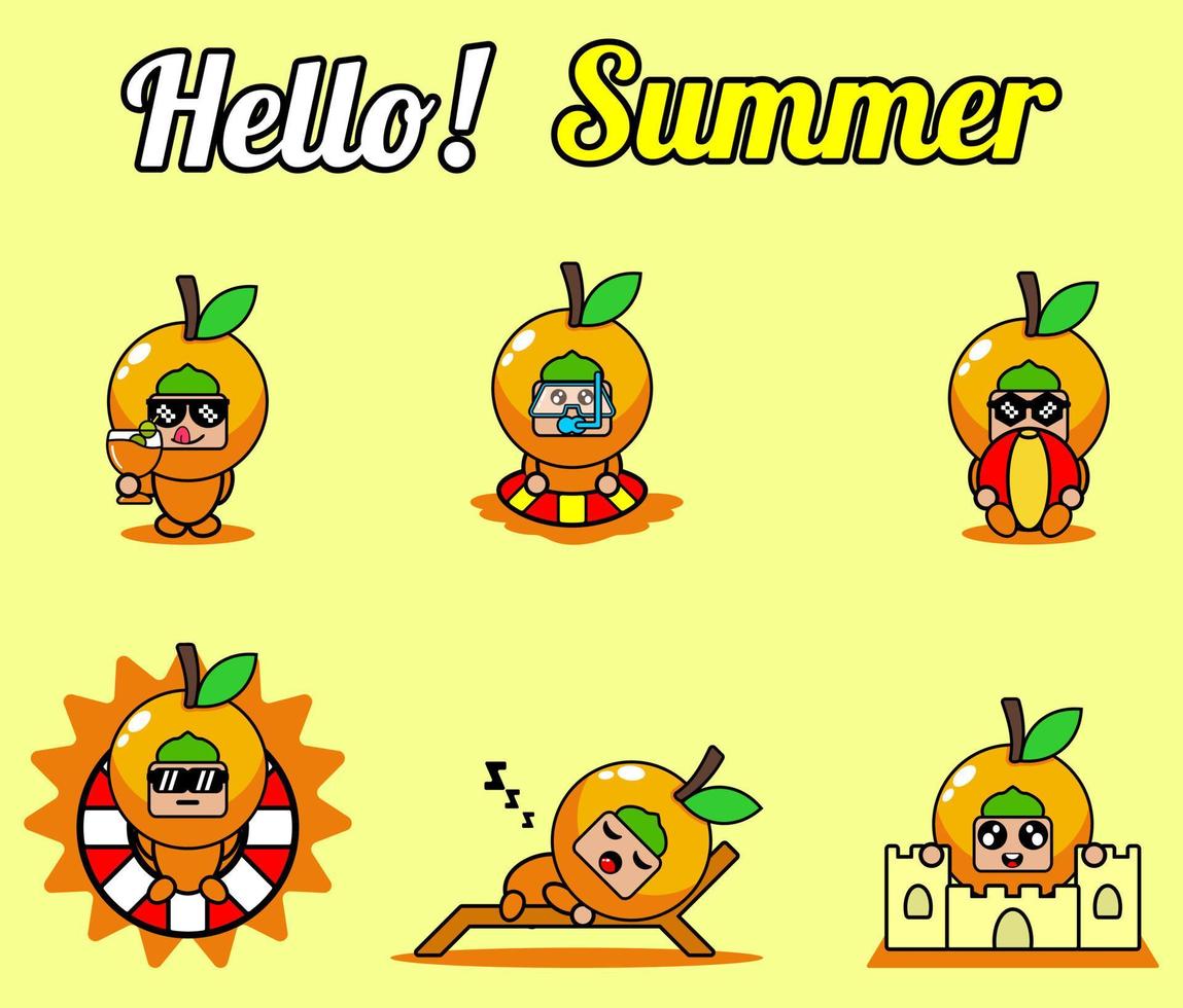 vektor söt seriefigur citrusfrukt maskot kostym set samling hej sommar bunt