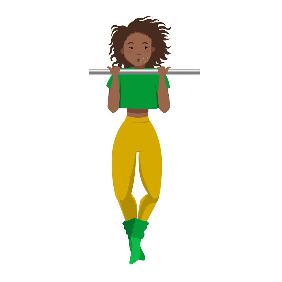 atletisk mörkhyad flicka drar upp på ribban. platt vektorillustration för en sportstudio på en vit bakgrund. vektor