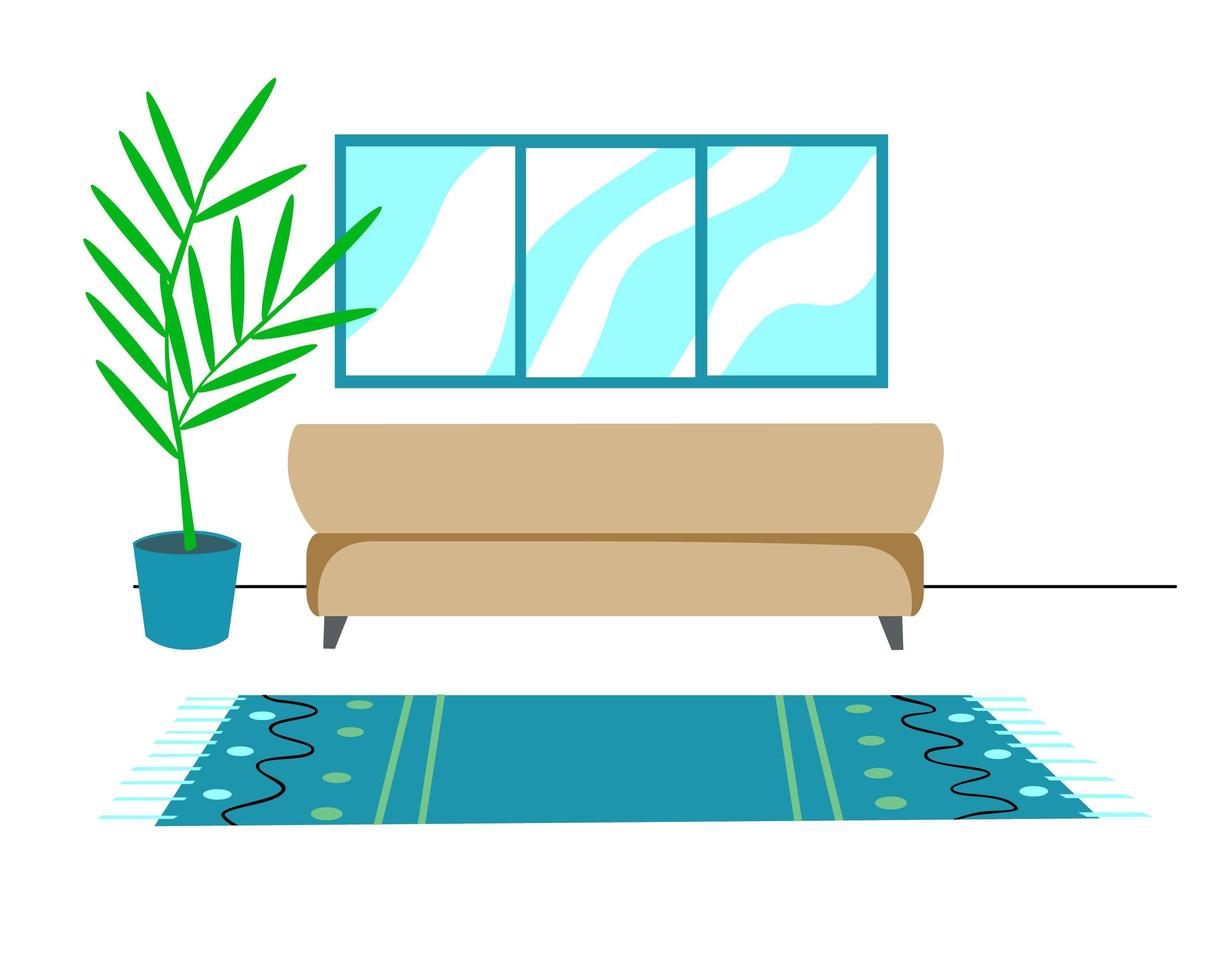 vardagsrumsinredning med fönster, matta och trä i platt design. vektor illustration.