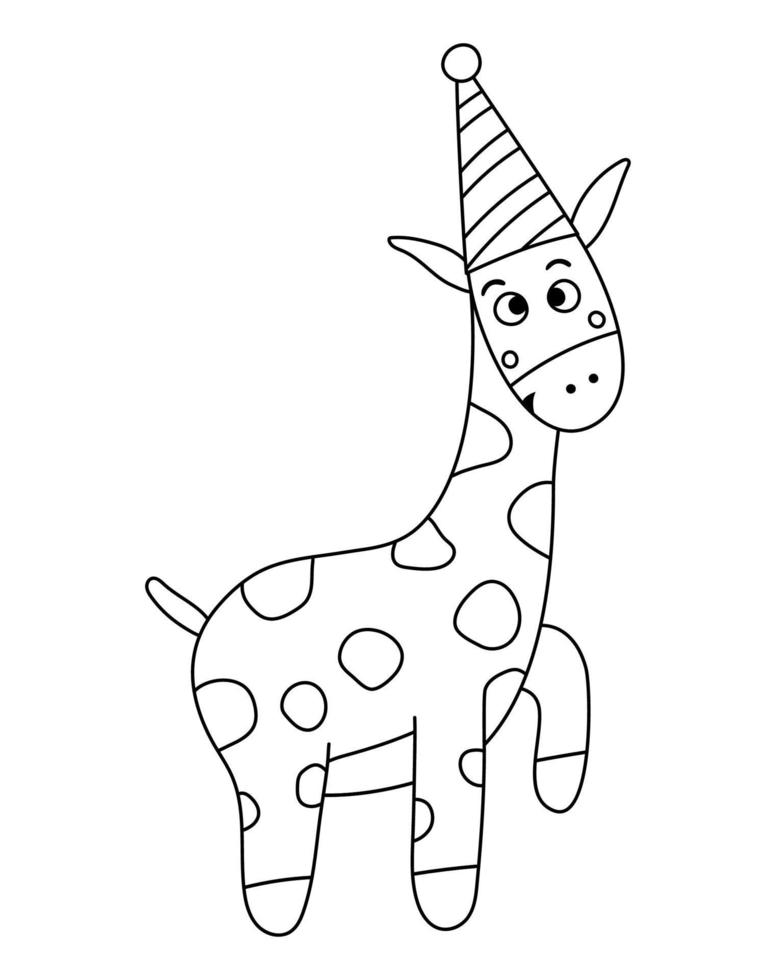 Vektor süße schwarze und weiße Giraffe im Geburtstagshut. lustiges b-day-tier für karte, plakat, druckdesign. umriss feiertagsillustration für kinder. Fröhliche Feier Charakterlinie Symbol.