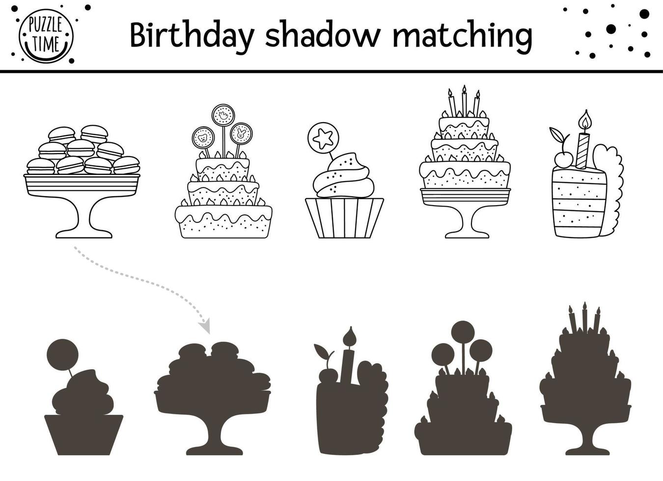 Geburtstags-Schattenanpassungsaktivität für Kinder. lustiges Puzzle mit süßen Party-Desserts. Feiertagsfeier-Lernspiel für Kinder mit Kuchen und Kerzen. Finden Sie die richtige Silhouette vektor