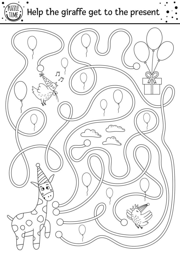 Geburtstag Schwarz-Weiß-Labyrinth für Kinder. urlaubsskizze vorschule druckbare bildungsaktivität. Lustiges Line-B-Day-Partyspiel oder Puzzle mit niedlichen Tieren. Hilf der Giraffe, in die Gegenwart zu gelangen vektor