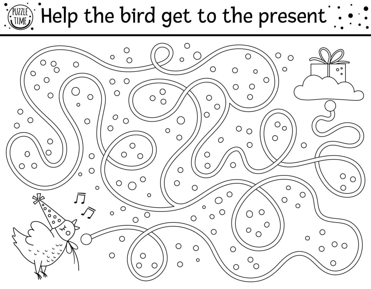 födelsedag svart och vit labyrint för barn. semester disposition förskola utskrivbar pedagogisk aktivitet. rolig linje b-dags festspel eller pussel med söt kyckling. hjälpa fågeln att komma till nuet vektor