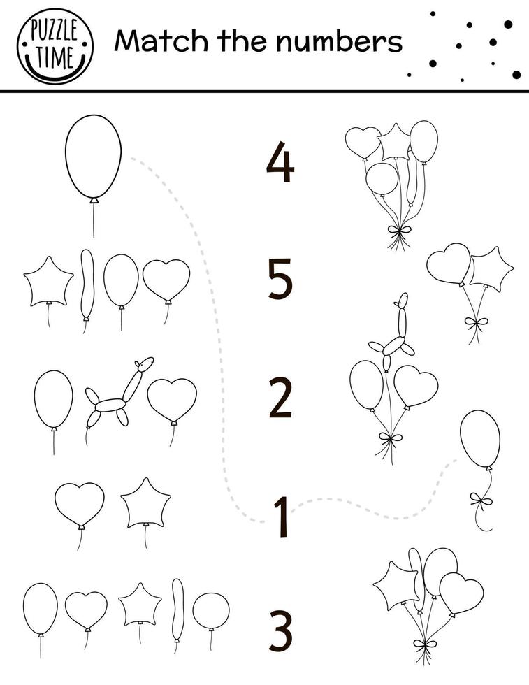 födelsedag svartvitt matchande spel med färgglada ballonger. semester disposition linje matematik aktivitet för förskolebarn. pedagogiskt firande utskrivbart räkneblad med för barn vektor