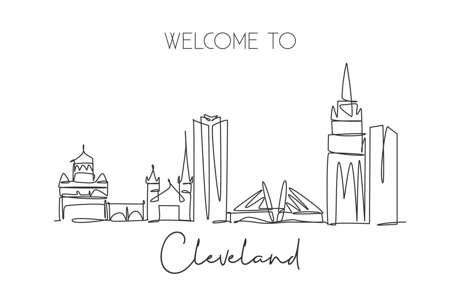 en enda linjeritning av cleveland city skyline, usa. historiska stadslandskapet i världen. bästa semestermål väggdekor affisch print konst. trendiga kontinuerlig linje rita design vektorillustration vektor