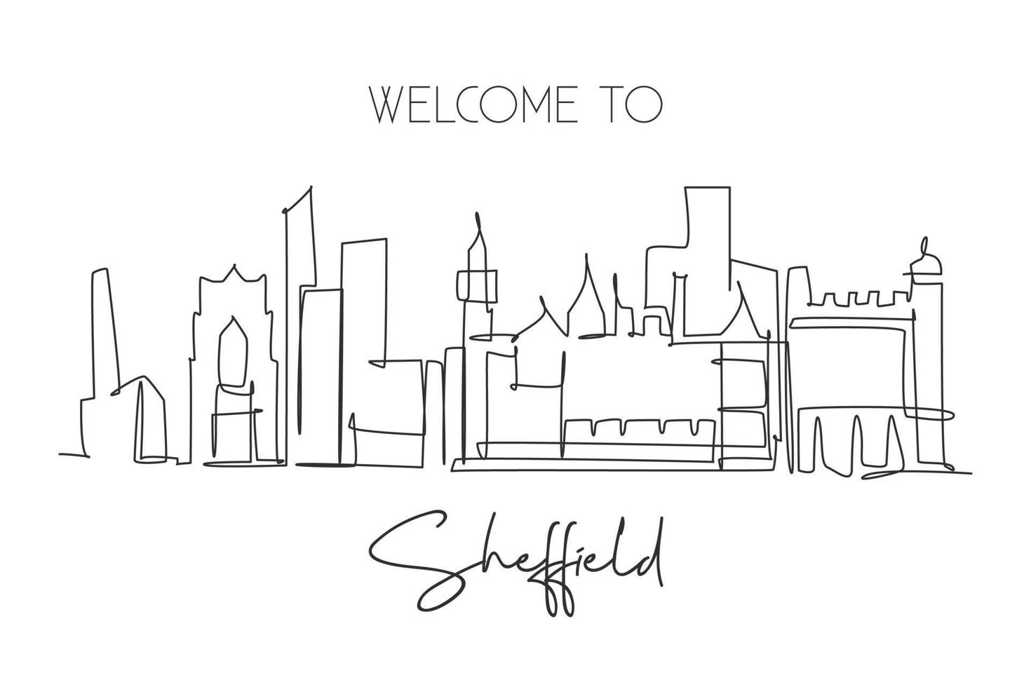 einzelne durchgehende linie, die die skyline der stadt sheffield zeichnet. berühmte Wolkenkratzerlandschaft der Welt. Weltreisekampagnen-Wanddekor-Plakatdruckkonzept. moderne einzeilige abgehobene betragsdesign-vektorillustration vektor