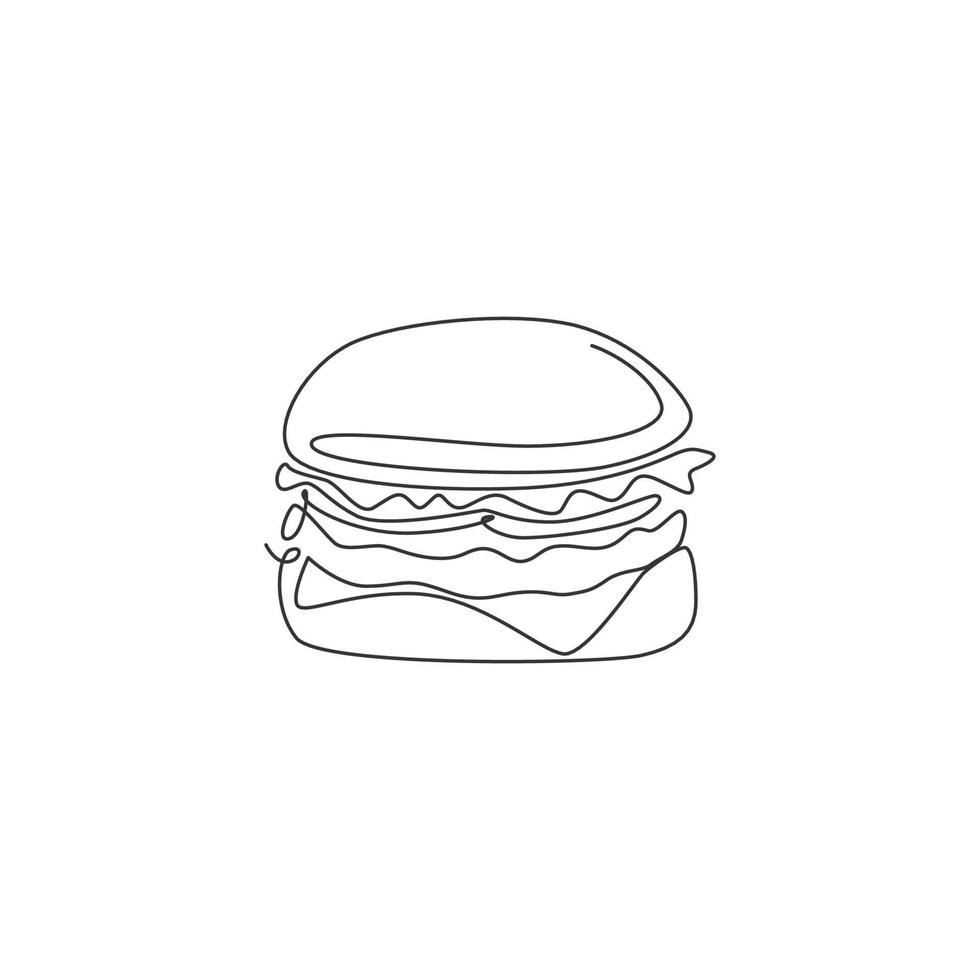 eine einzelne strichzeichnung der frischen logo-amerikanischen burger-vektorillustration. Fast-Food-Beefburger-Café-Menü und Restaurant-Abzeichen-Konzept. modernes Street-Food-Logo mit durchgehender Linienführung vektor