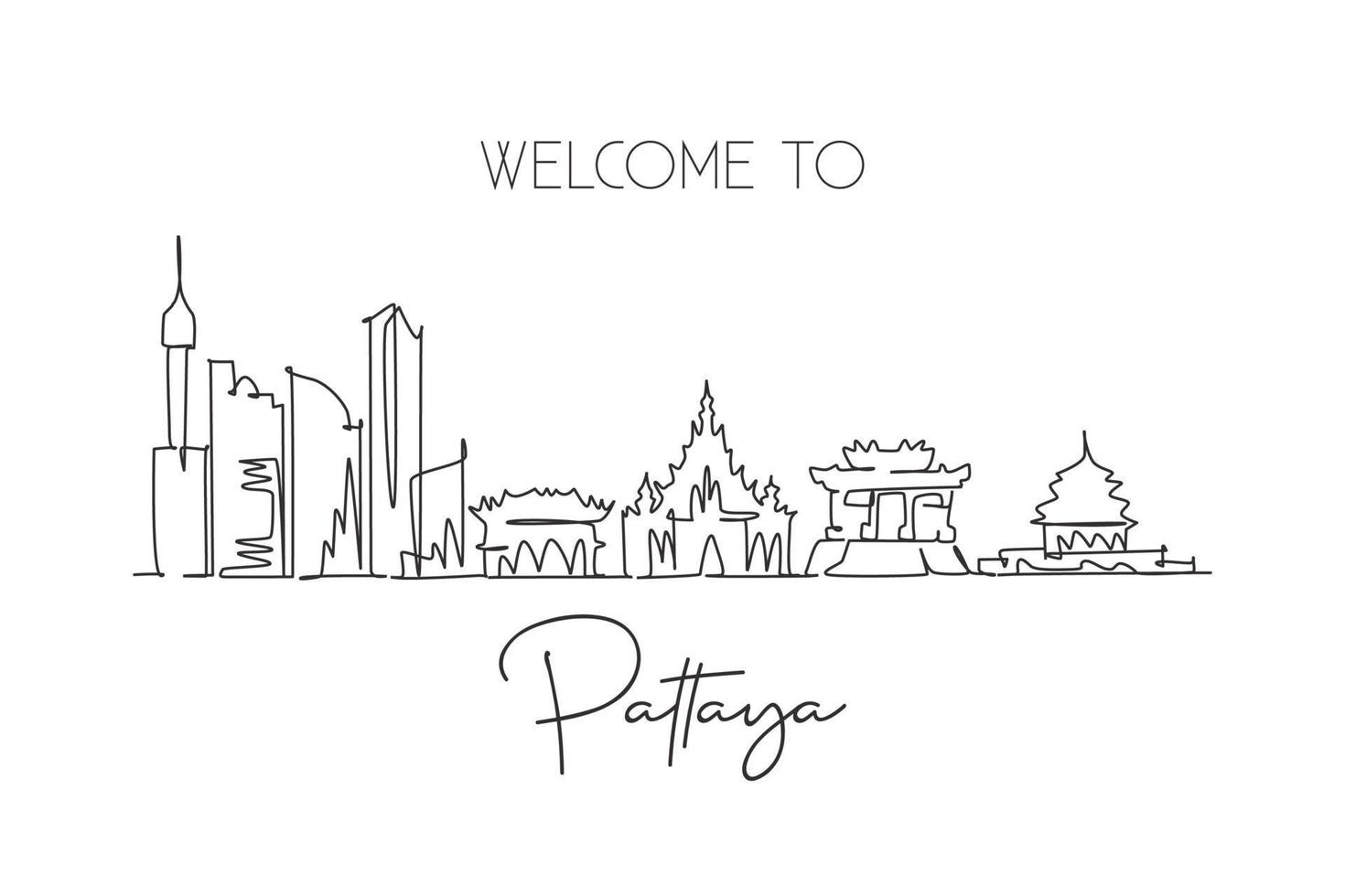 enda kontinuerlig linjeteckning av pattayas skyline, thailand. berömda stadsskrapa landskapsvykort. världsresor destination koncept. redigerbara stroke moderna en rad rita design vektorillustration vektor