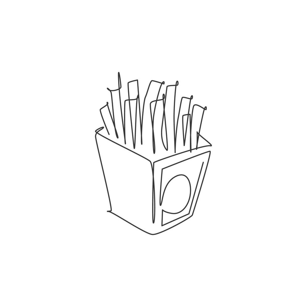 eine einzige Strichzeichnung von frischen Pommes-Frites-Logo-Vektorillustration. Kartoffel-Long-Stick-Fast-Food-Café-Menü und Restaurant-Abzeichen-Konzept. modernes Street-Food-Logo mit durchgehender Linienführung vektor