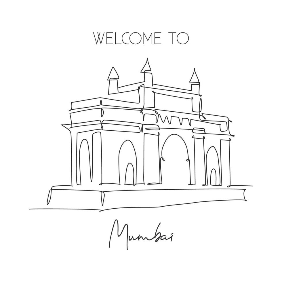 en kontinuerlig linjeritning gateway av Indien landmärke. symboliskt monument i mumbai indien. semester turné resor vägg dekor affisch print konst koncept. moderna en rad rita design vektorillustration vektor