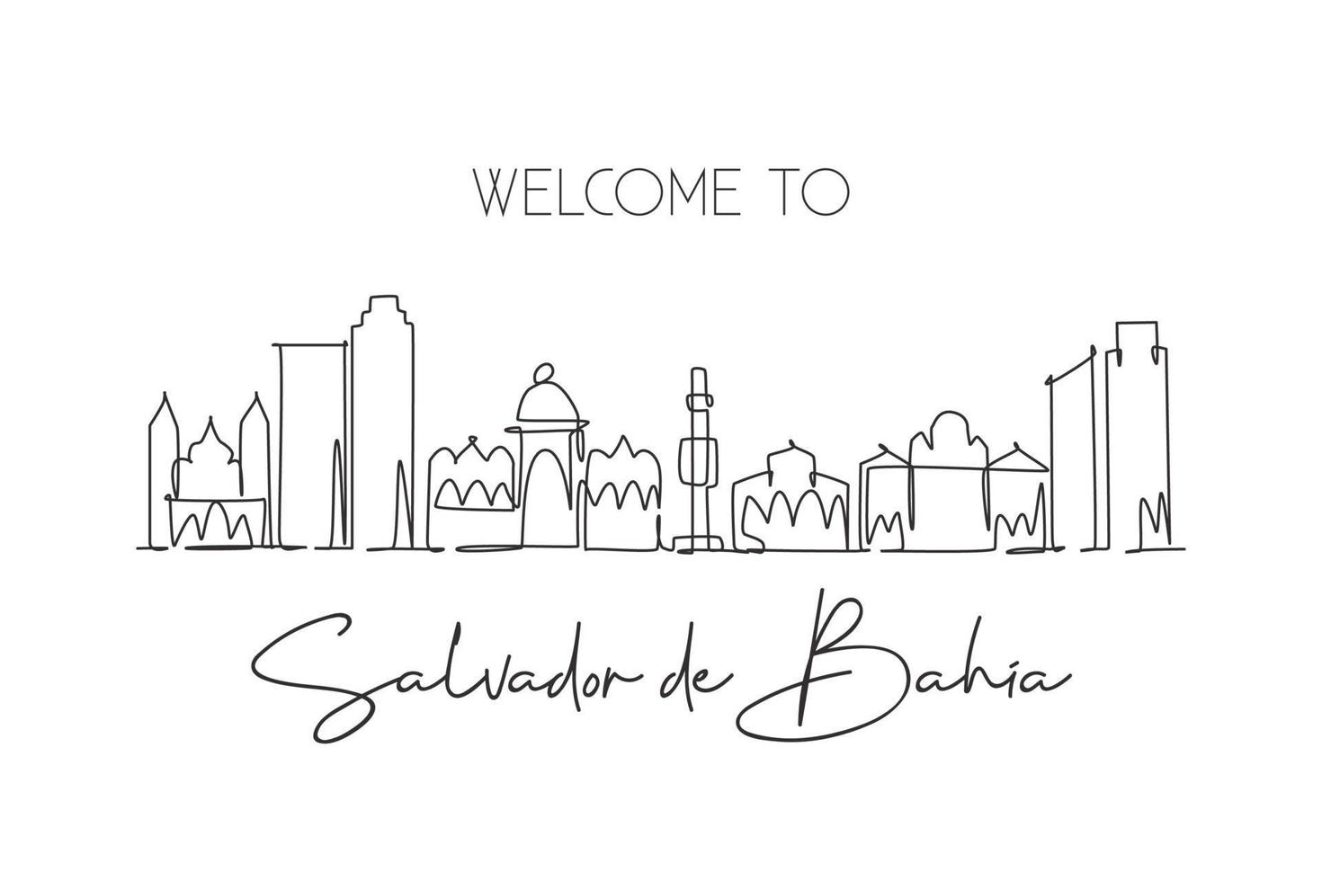 eine durchgehende strichzeichnung der skyline der stadt salvador de bahia, brasilien. schöner Wahrzeichen-Wanddekor-Plakatdruck. Weltlandschaftstourismus reisen. stilvolle einzeilige zeichnen-design-vektorillustration vektor