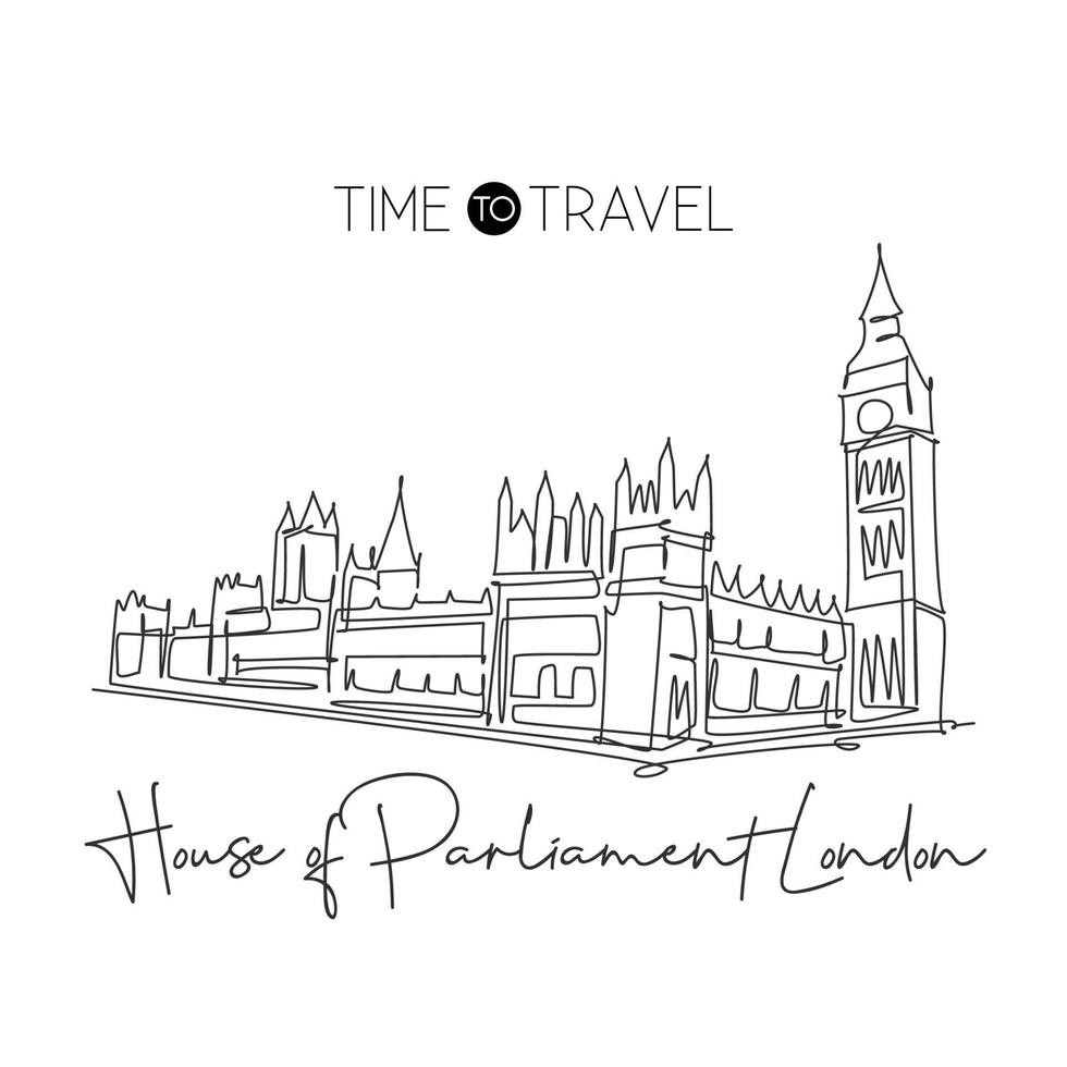 einzelne durchgehende linie zeichnung haus parlament london wahrzeichen. berühmter ort in england, vereinigtes königreich. Weltreise-Wohnwanddekor-Plakatkonzept. einfache einzeilige zeichnen design-vektor-illustration vektor