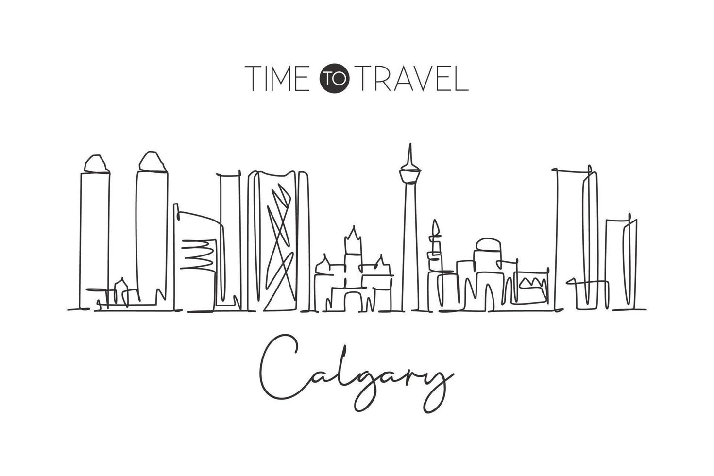 einzelne fortlaufende Linienzeichnung der Skyline von Calgary, Kanada. berühmtes Stadtkratzer-Landschaftswanddekor-Poster. weltreisezielkonzept. moderne einzeilige abgehobene betragsdesign-vektorillustration vektor