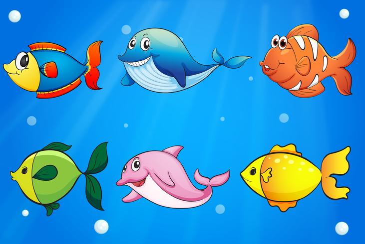 Sex färgglada och leende fiskar under havet vektor