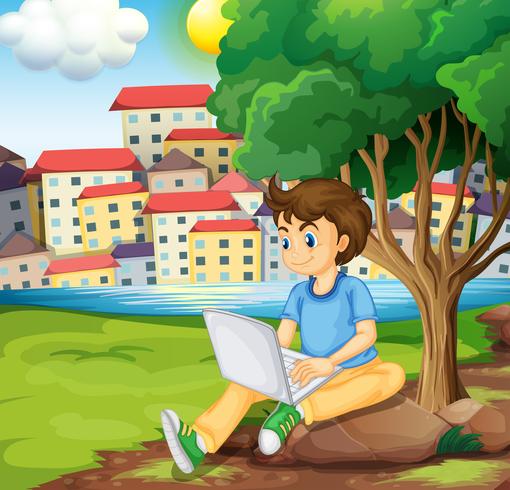 En ung pojke använder den bärbara datorn under träd vid flodbredden vektor