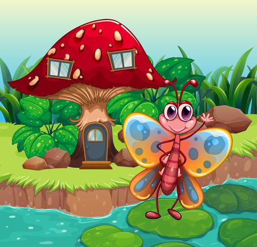 Ein riesiges Pilzhaus in der Nähe des Flusses mit einem Schmetterling vektor