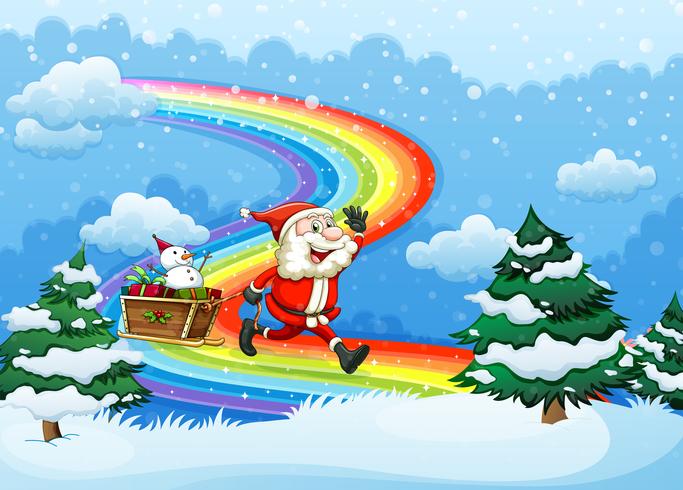 Santa och hans släde går på regnbågen vektor