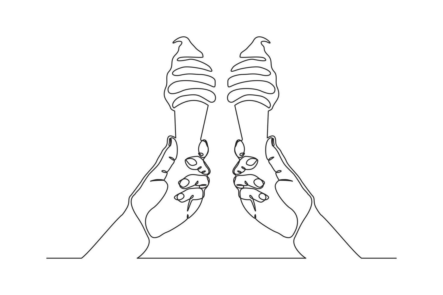 kontinuerlig linjeteckning två hand hålla och hejar läckra färska av glassstrut. enda en rad konst av två hand som håller söt glass gelato öknen. vektor illustration