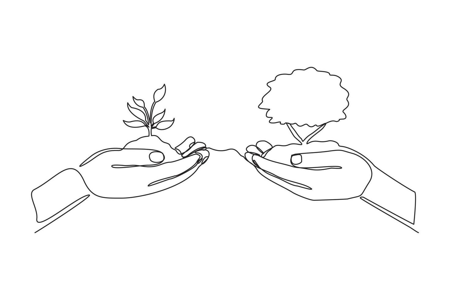 kontinuerlig en rad ritning två händer som håller ihop en grön ung växt. enda en rad hand som håller träd. skogsvård konceptdesign vektor grafisk illustration