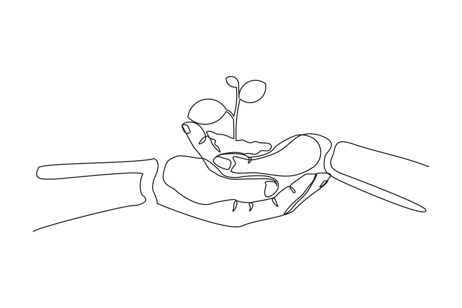 kontinuierliche eine Linie, die zwei Hände zeichnet, die eine grüne junge Pflanze zusammenhalten. einzelne einzeilige hand, die baum hält. vektorgrafikillustration des konzeptdesigns für den waldschutz vektor