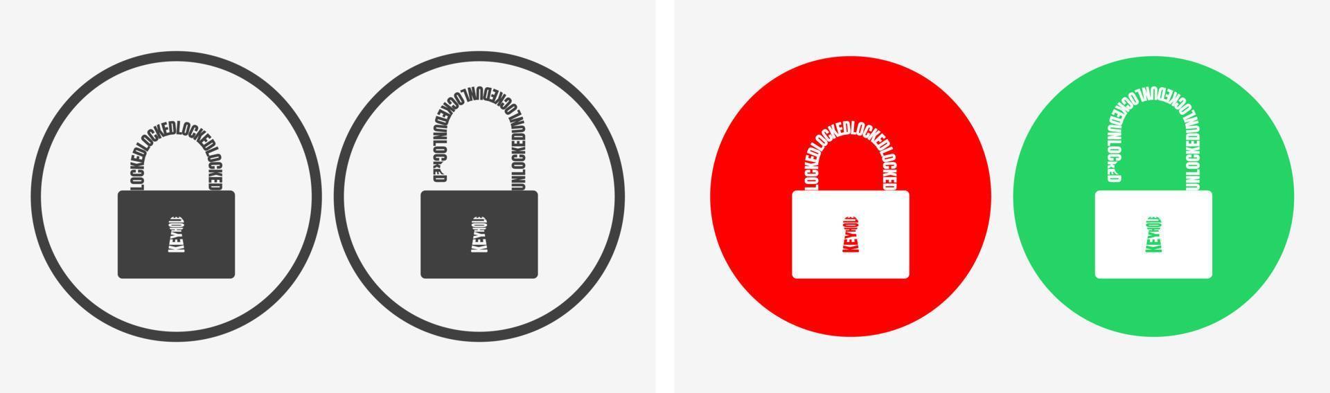 Symbolsatz zum Sperren und Entsperren von Vorhängeschlössern mit Textverzerrung, Wort gesperrt, entsperrt und Schlüsselloch, isoliert auf rotem und grünem Flachknopf. vektor