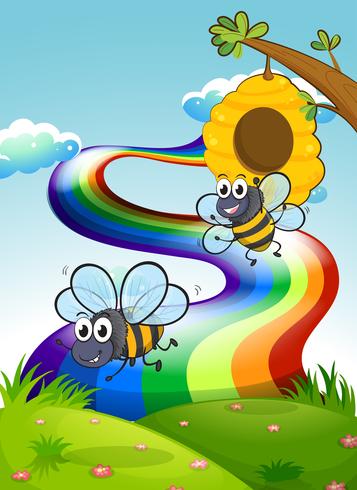 Zwei Bienen auf dem Hügel und ein Regenbogen am Himmel vektor