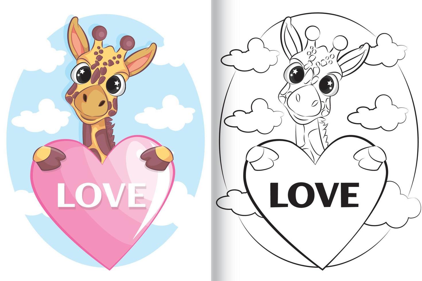 süße Giraffe mit Liebe. Malbuch für Kinder schwarz und weiß. vektor