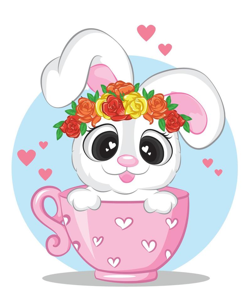 süßes weißes kaninchen in rosa tasse. niedlicher karikaturtiercharakter in der tasse vektor