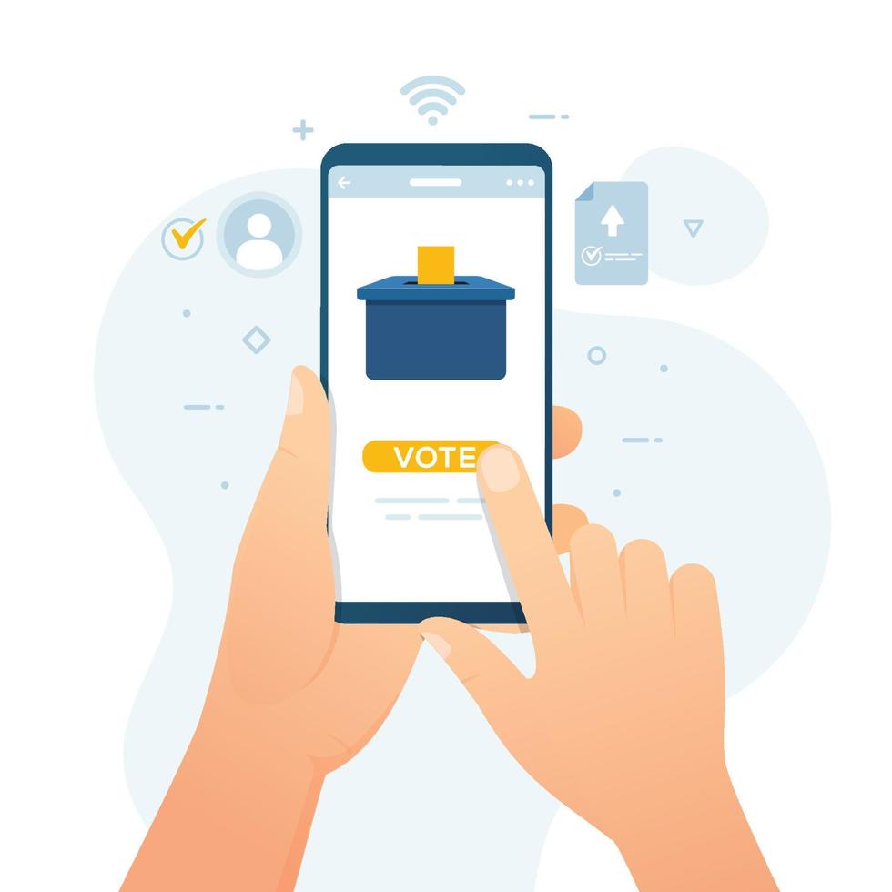 hand som håller smartphone med onlineröstningssystem för valvektorillustration vektor
