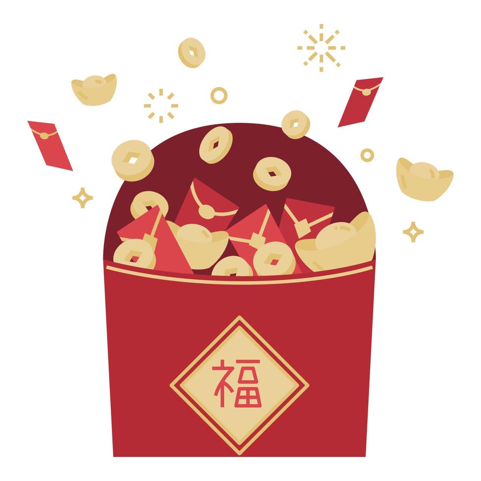 röda paket som exploderar med pengar och guld firar kinesisk nyår platt illustration vektor