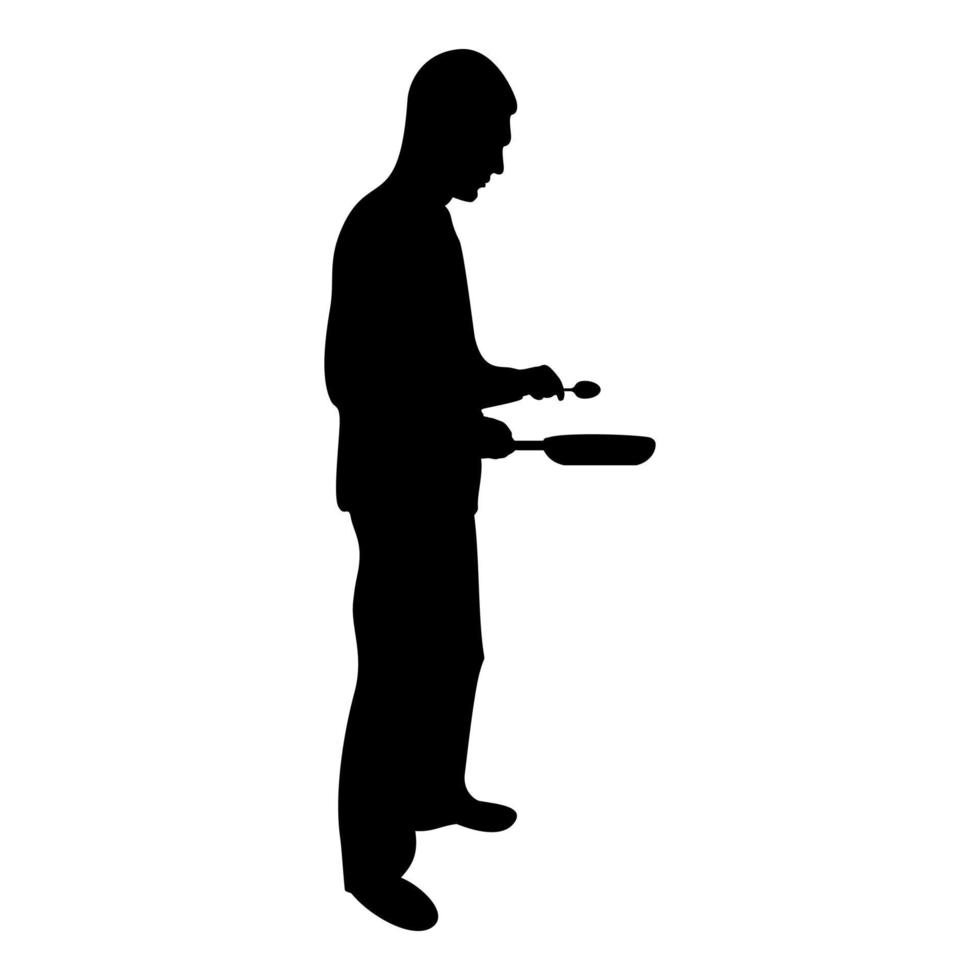 Silhouette Mann hält Bratpfanne Löffel Koch vektor