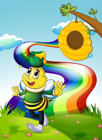 Eine lächelnde Biene, die einen Topf Honig am Gipfel mit einem Regenbogen trägt vektor
