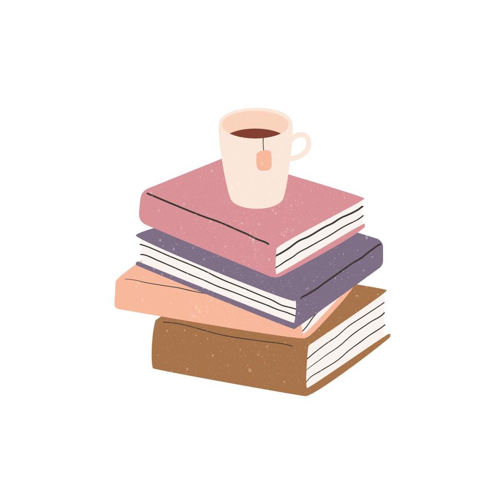 handritad hög med böcker och en kopp te vektor