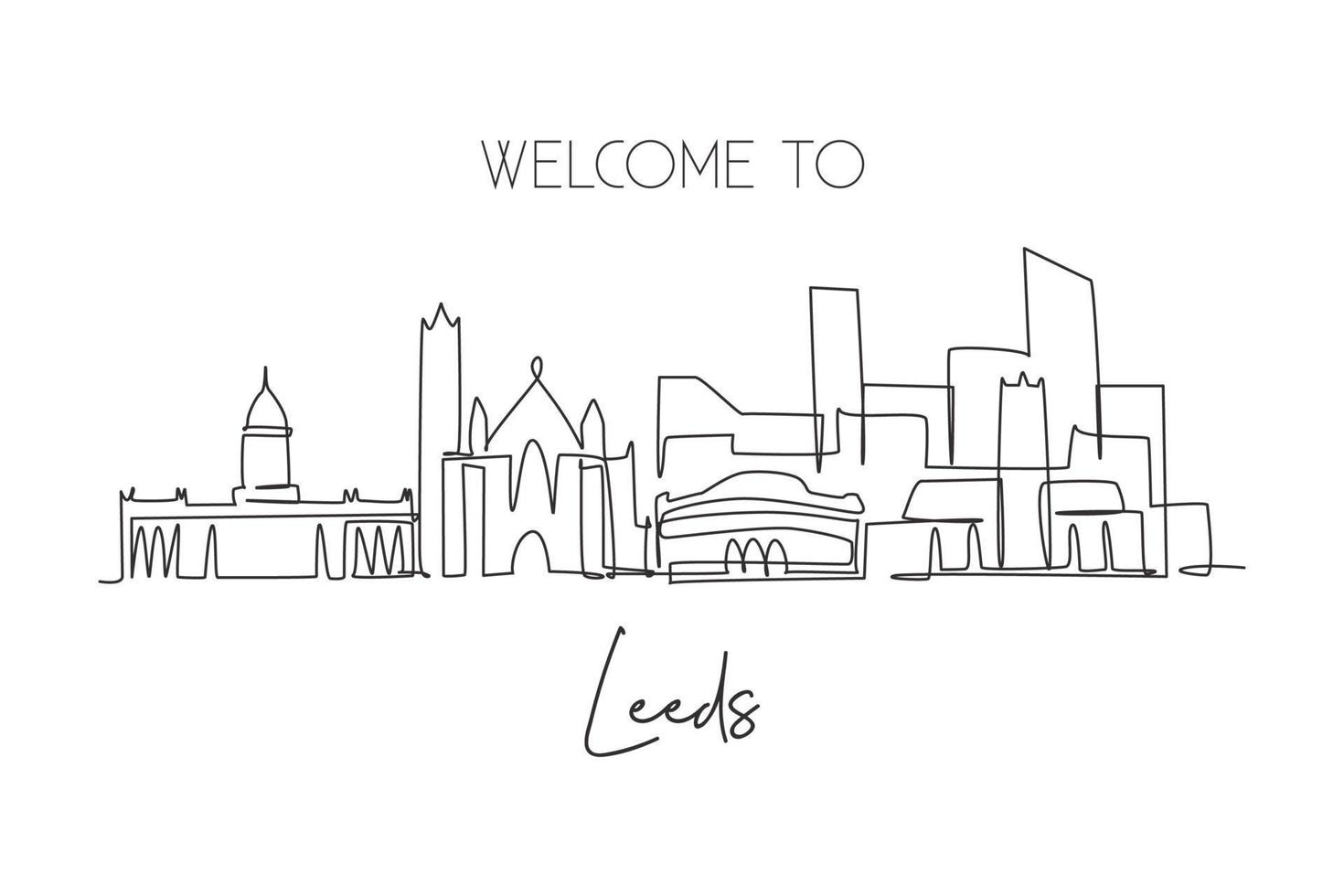 einzelne fortlaufende Linienzeichnung der Skyline von Leeds. berühmte Wolkenkratzerlandschaft der Stadt. weltreisekampagne wohnkultur wandkunst poster druckkonzept. moderne einzeilige abgehobene betragsdesign-vektorillustration vektor