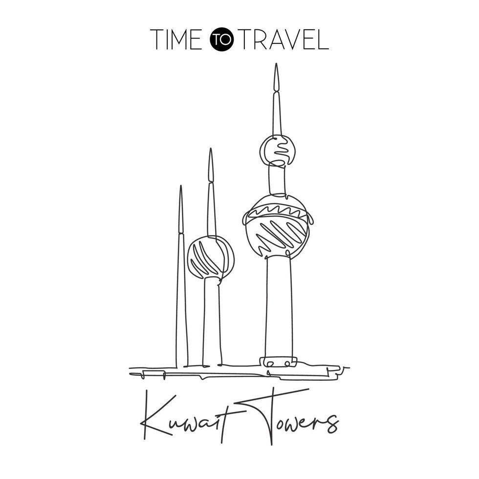 eine durchgehende linie zeichnet kuwait towers wahrzeichen. das berühmteste Gebäude in Kuwait-Stadt. urlaub ferienhaus wanddekor kunstplakat druckkonzept. moderne einzeilige zeichnen-design-vektorillustration vektor