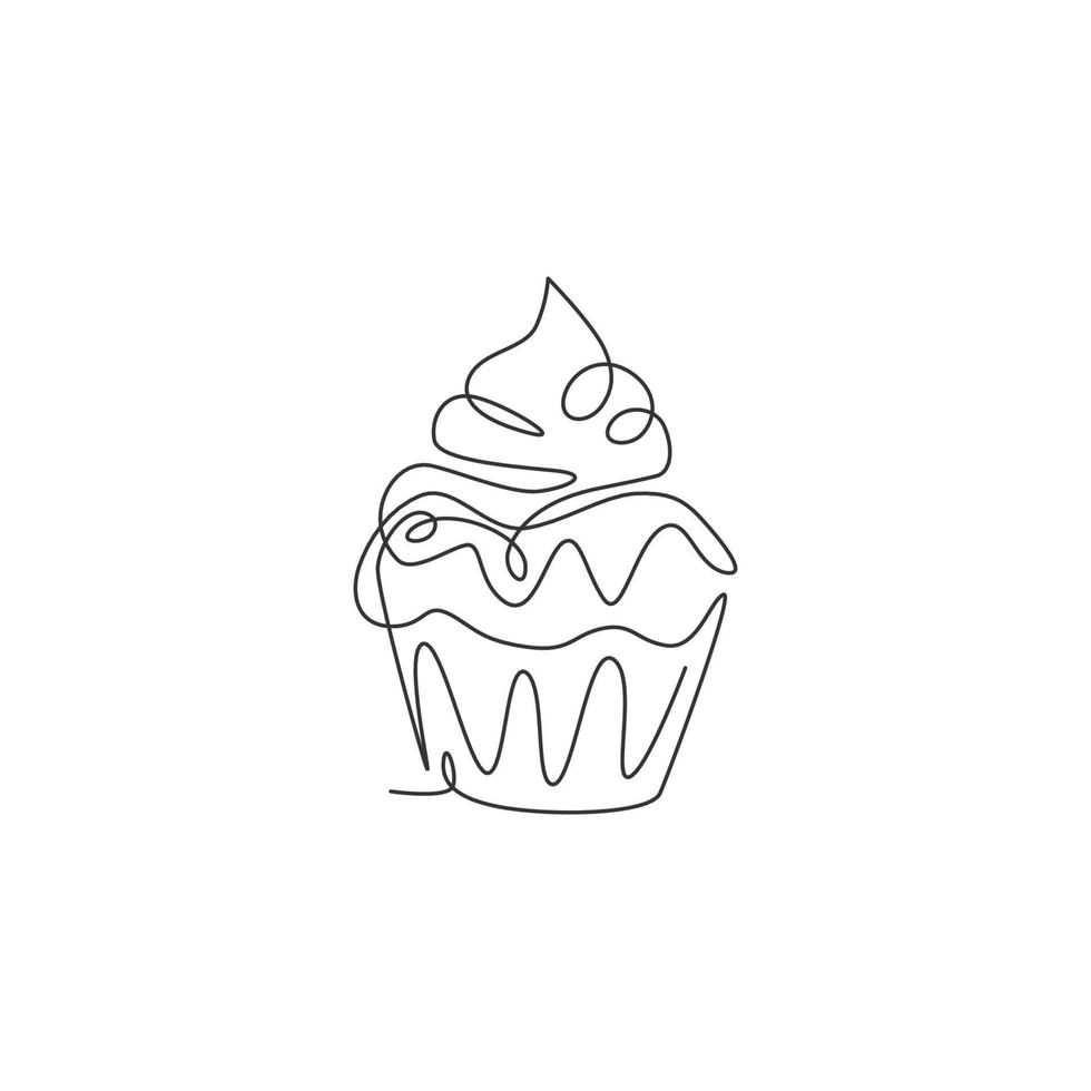 en enda linjeteckning av färsk söt muffin tårta onlinebutik logotyp vektorillustration. utsökt konditori meny och restaurang märke koncept. modern kontinuerlig linjeritning design cookies logotyp vektor