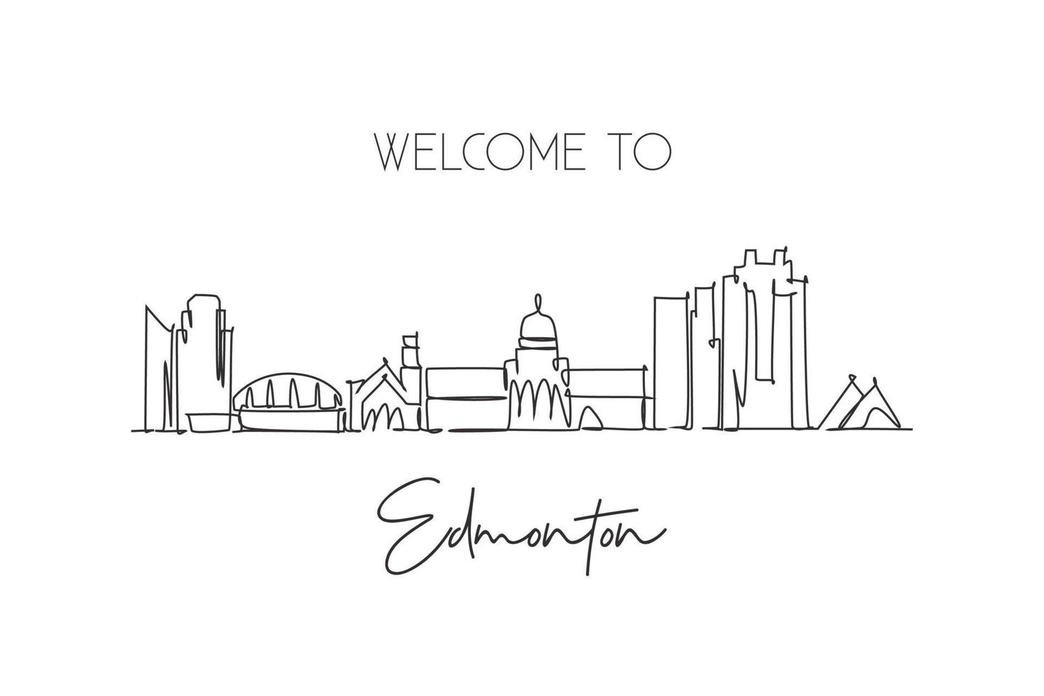 en enda linjeteckning av edmonton city skyline, Kanada. världshistoriska stadslandskapet. bästa platsen semestermål hem väggdekor affisch. trendiga kontinuerlig linje rita design vektorillustration vektor